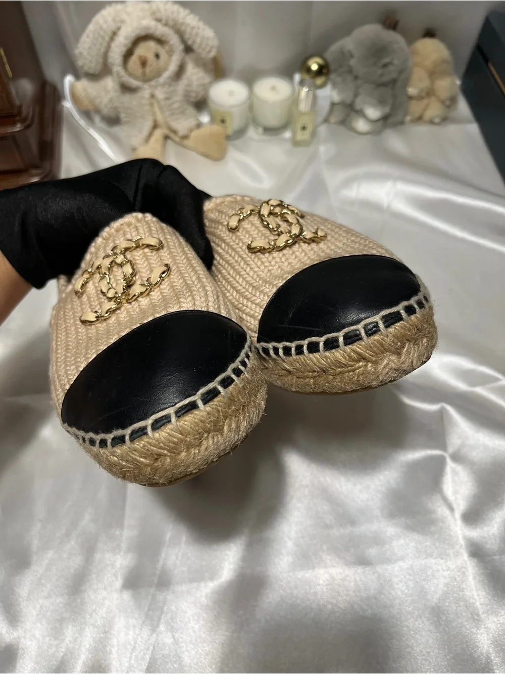CHANEL Beige Knit Espadrilles with Black Cap Toe and Gold CC Logo